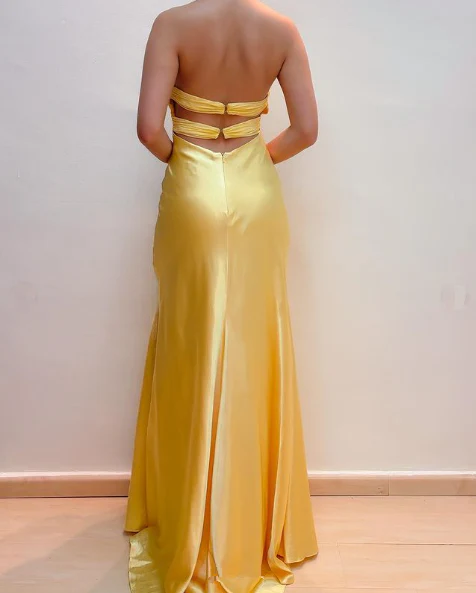 Radiant Satin Mermaid Halter-Neck Beaded Cutout Yellow Floor-Length Prom Dress