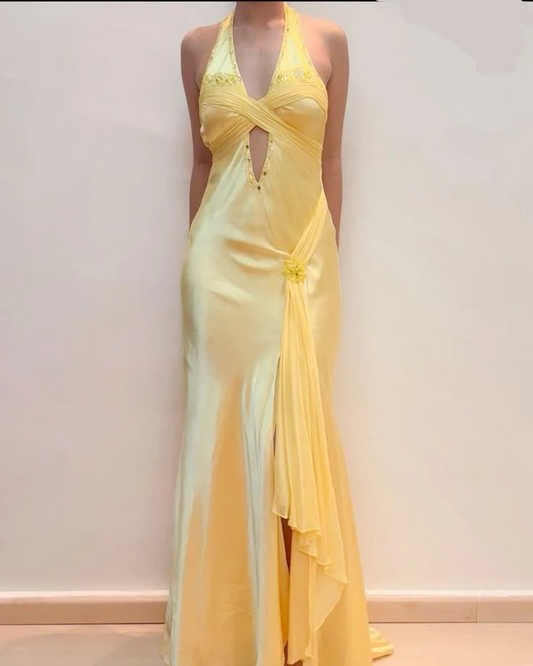 Elegant Mermaid Halter-Neck Beaded Cutout-Back Floor-Length Yellow Satin Prom Dress