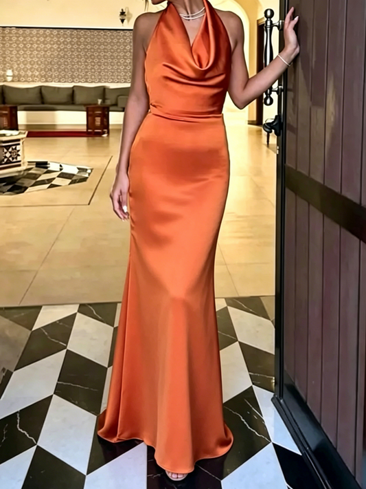 Elegant Mermaid Halter Cowl Neck Bow Tie Open Back Floor Length Satin Evening Dress