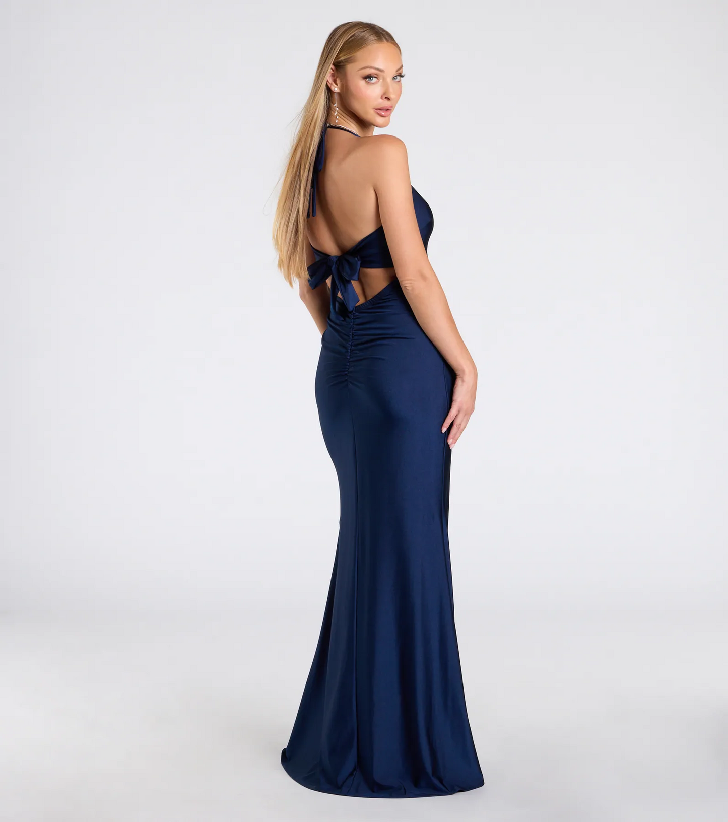 Elegant Mermaid Halter Bow Back Slit Floor Length Evening Dress
