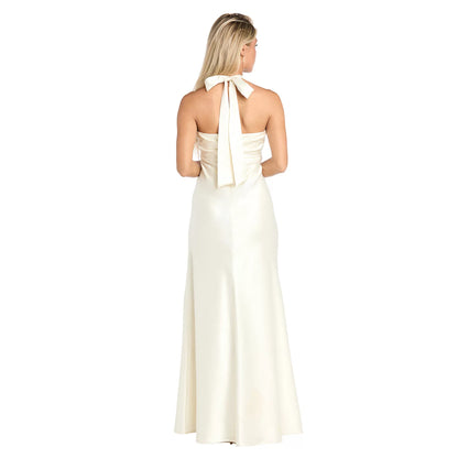 Elegant Satin Mermaid Halter Neck Bow Tie Back Floor Length Evening Gown