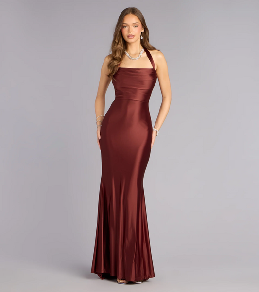 Elegant Mermaid Halter Neck Sleeveless Lace Up Back Floor Length Evening Dress