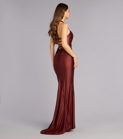 Elegant Satin Mermaid Halter Neck Lace-Up Back Floor Length Evening Dress
