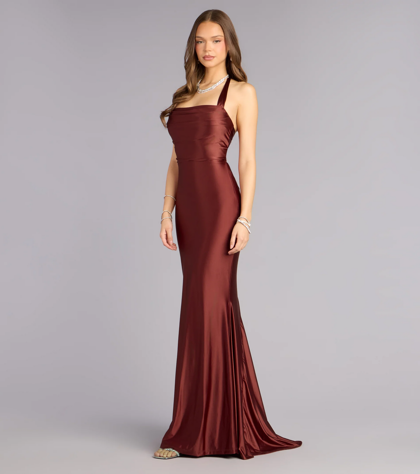 Elegant Satin Mermaid Halter Neck Lace-Up Back Floor Length Evening Dress