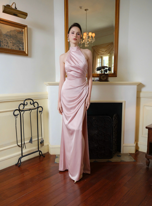 Elegant Mermaid High Neck Sleeveless Open Back Floor-Length Satin Evening Dress