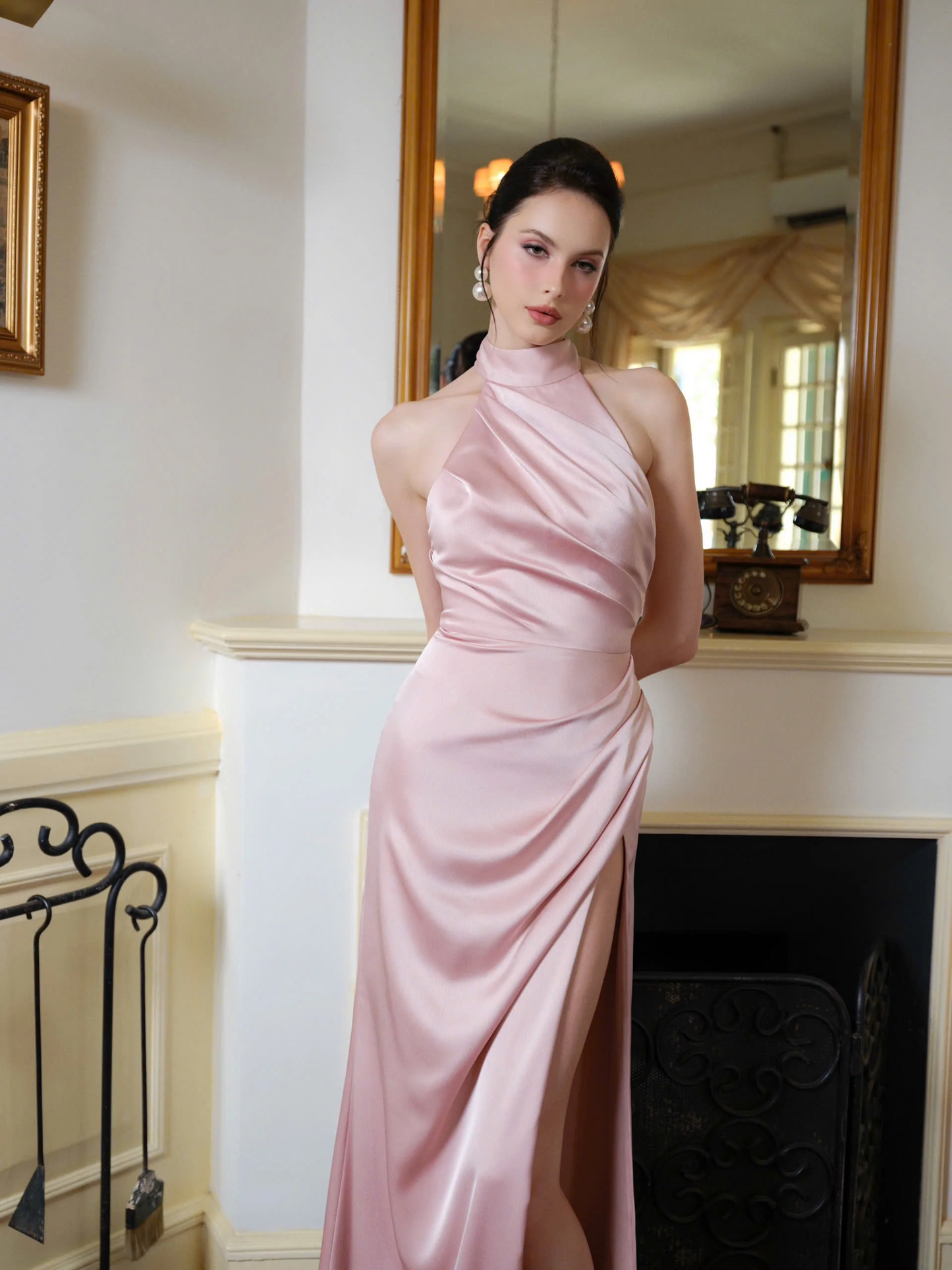 Elegant Mermaid High Neck Sleeveless Open Back Floor-Length Satin Evening Dress