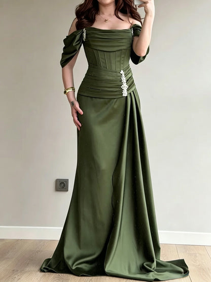Elegant Mermaid Off-Shoulder Draped Embellished Olive Green Floor-Length Evening Gown