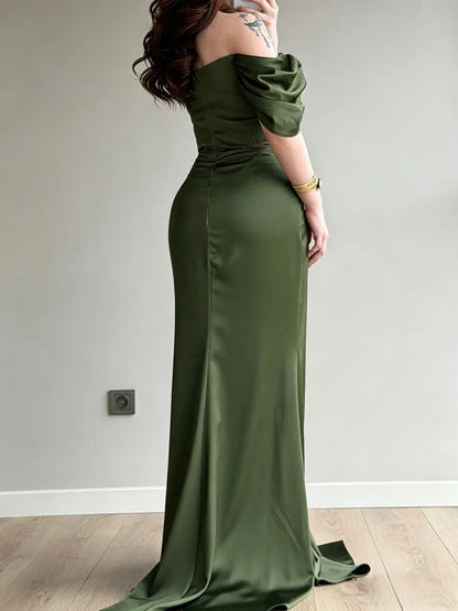 Elegant Mermaid Off-Shoulder Draped Embellished Olive Green Floor-Length Evening Gown