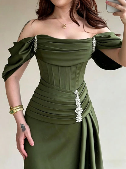 Elegant Mermaid Off-Shoulder Draped Embellished Olive Green Floor-Length Evening Gown