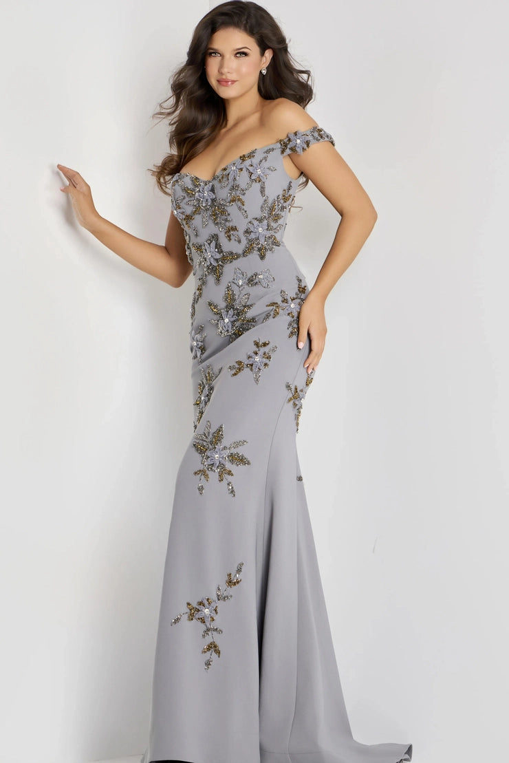 Elegant Mermaid Off-the-Shoulder Short Sleeve Beaded Back Floor-Length Evening Dress
