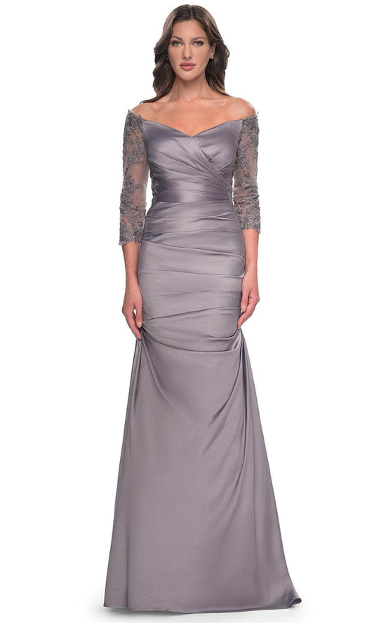 Elegant Mermaid Off Shoulder Three Quarter Sleeve Lace Back Floor Length Mother of the Bride Dress