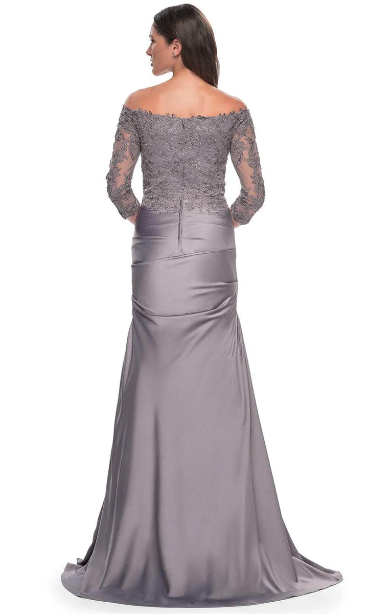 Elegant Mermaid Off Shoulder Three Quarter Sleeve Lace Back Floor Length Mother of the Bride Dress