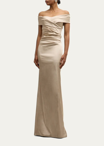 Elegant Satin Mermaid Off-Shoulder Short Sleeve Ruched Slit Floor Length Evening Dress