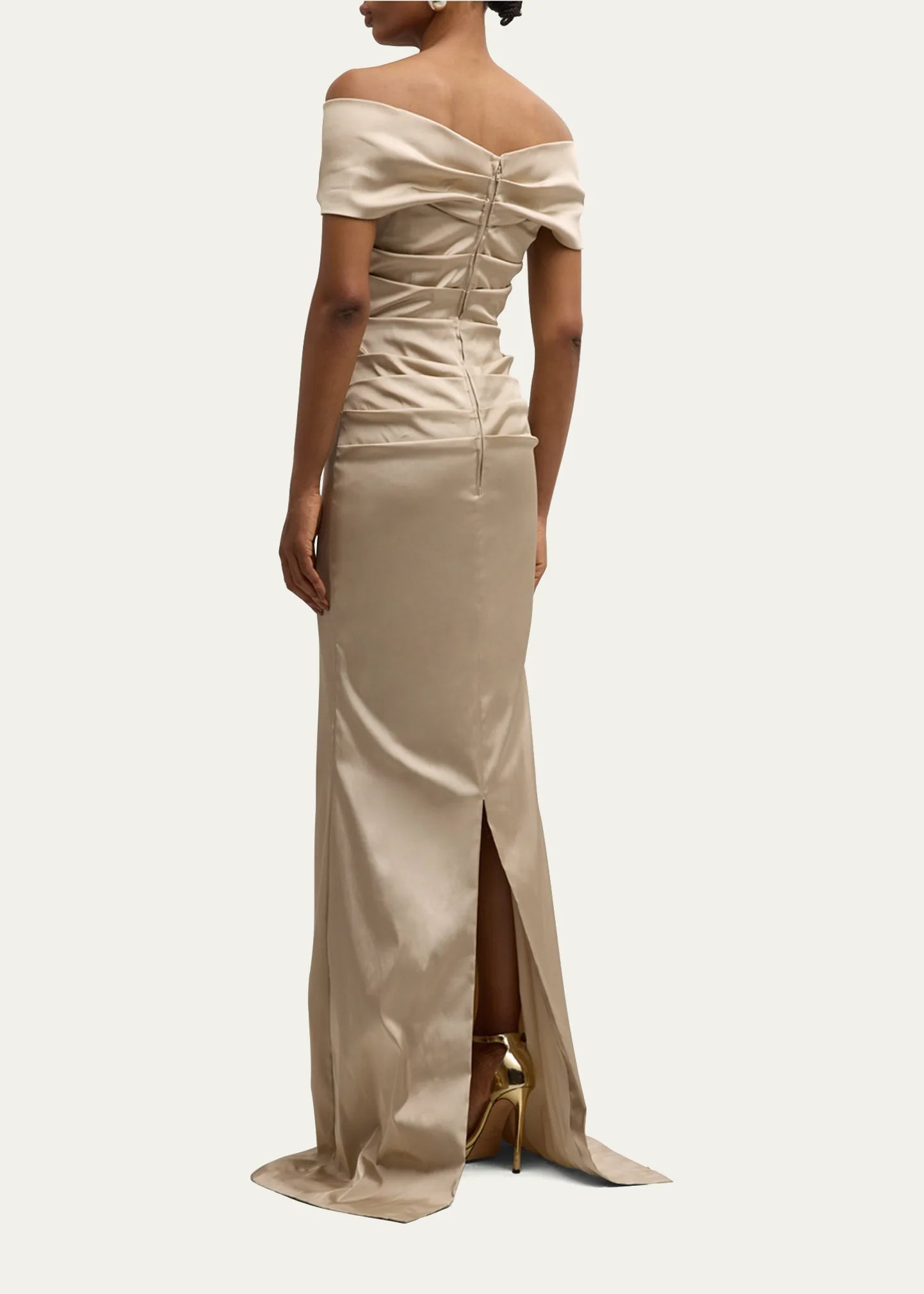 Elegant Satin Mermaid Off-Shoulder Short Sleeve Ruched Slit Floor Length Evening Dress