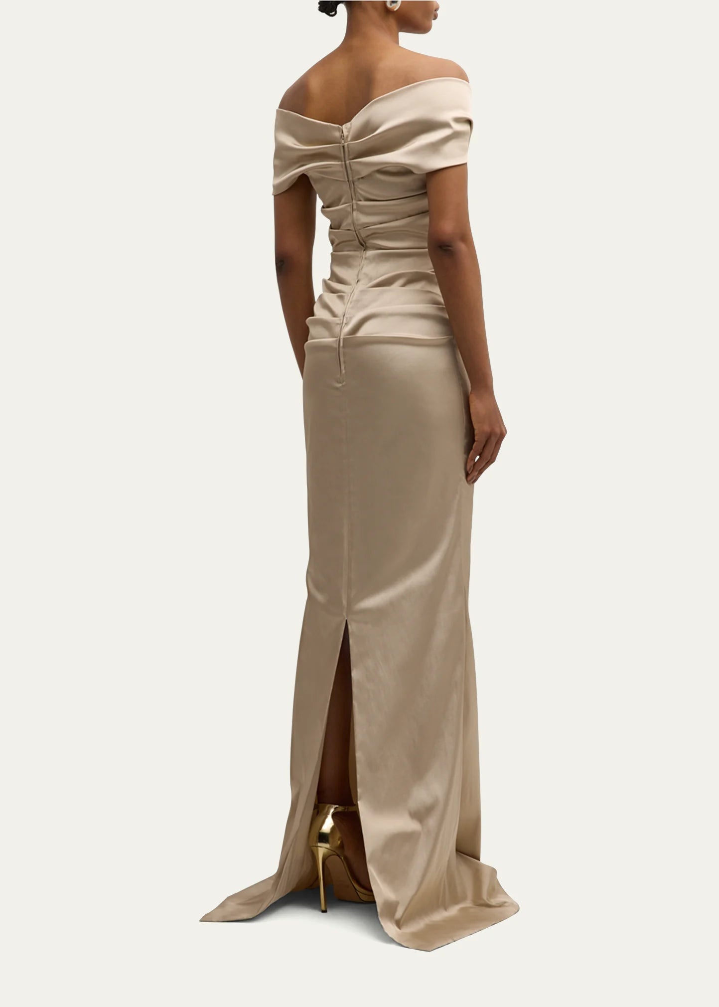 Elegant Satin Mermaid Off-Shoulder Short Sleeve Ruched Slit Floor Length Evening Dress