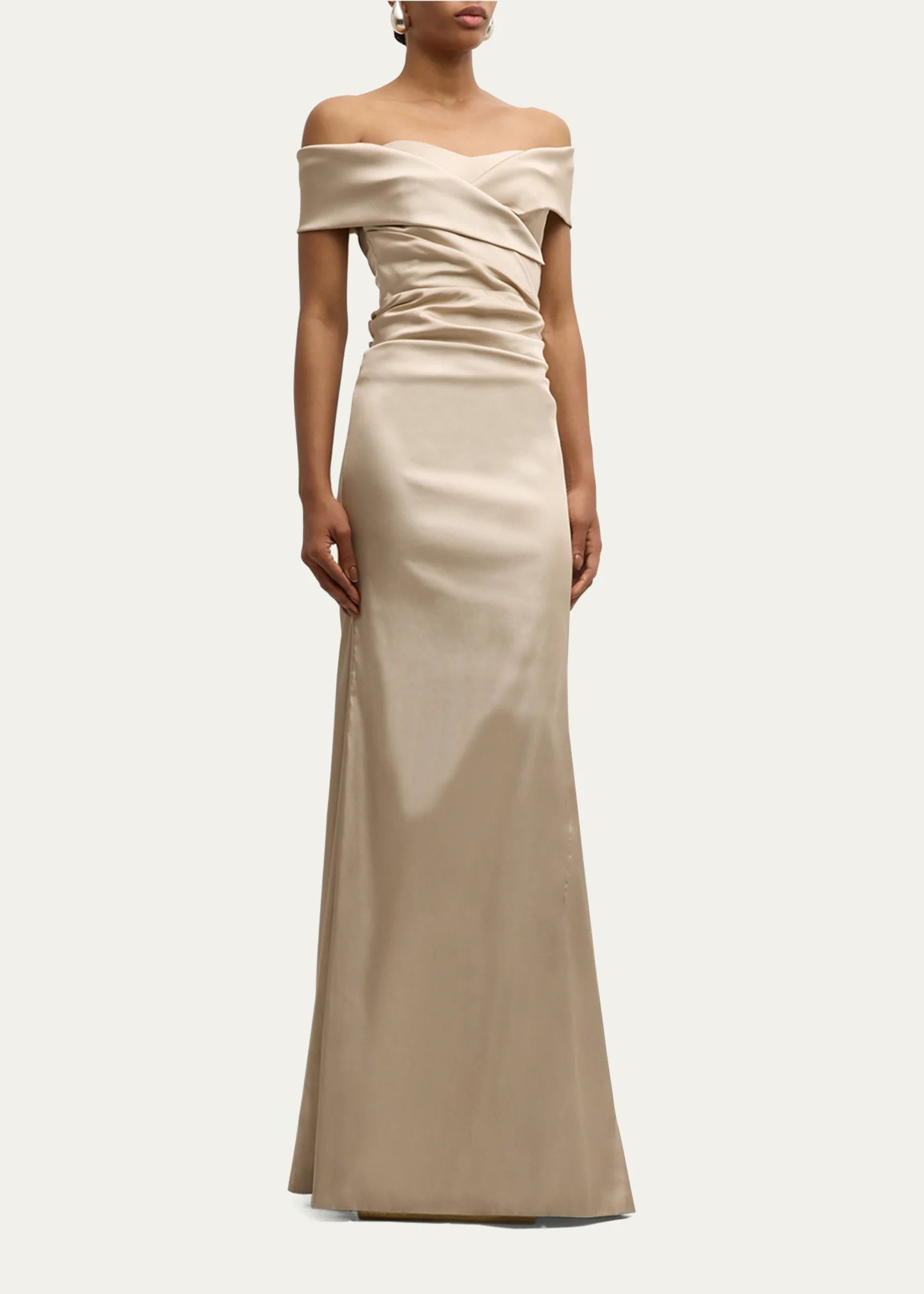 Elegant Satin Mermaid Off-Shoulder Short Sleeve Ruched Slit Floor Length Evening Dress