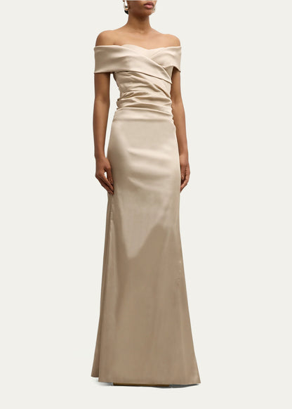 Elegant Satin Mermaid Off-Shoulder Short Sleeve Ruched Slit Floor Length Evening Dress
