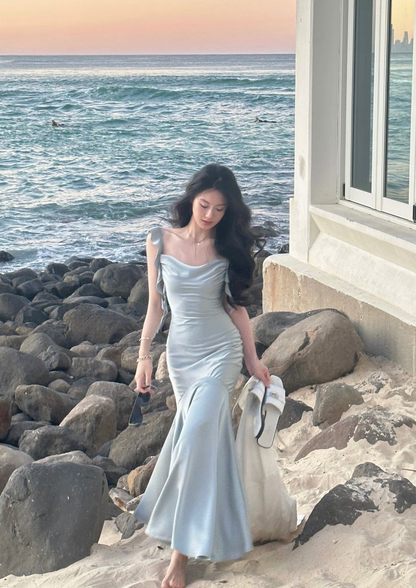 Elegant Mermaid Prom Dress Off The Shoulder Cowl Neck Floor Length Ruffled Straps