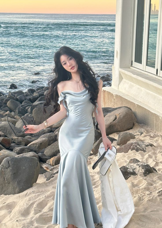 Elegant Mermaid Prom Dress Off The Shoulder Cowl Neck Floor Length Ruffled Straps