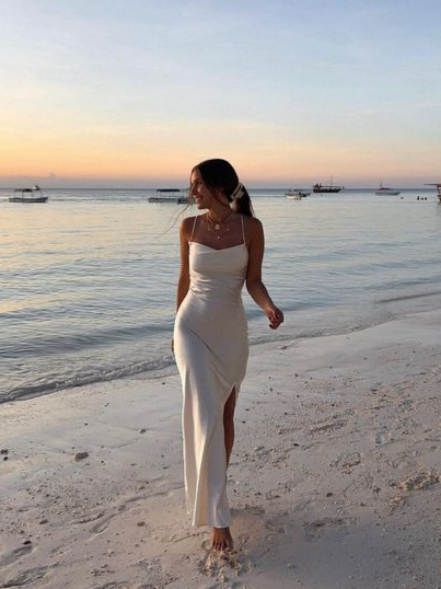 Elegant Mermaid Spaghetti Strap Cowl Neck Low Back Slit Floor Length Satin Evening Dress