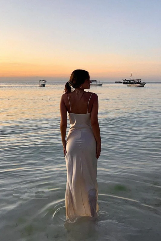 Elegant Mermaid Spaghetti Strap Cowl Neck Low Back Slit Floor Length Satin Evening Dress