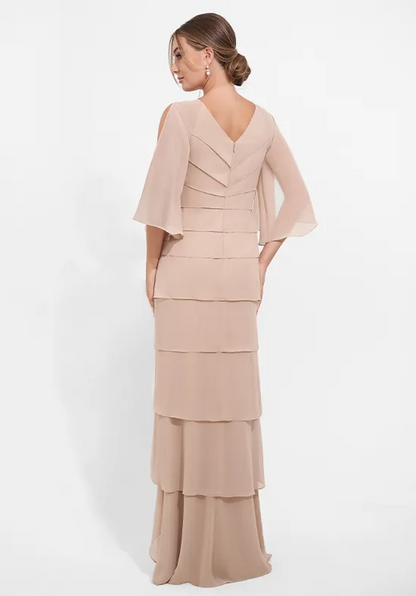 Elegant Mermaid Split Flutter Sleeve V-Neck Appliqué Tiered Chiffon Floor Length Mother of the Bride Dress