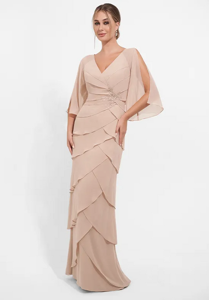 Elegant Mermaid Split Flutter Sleeve V-Neck Appliqué Tiered Chiffon Floor Length Mother of the Bride Dress