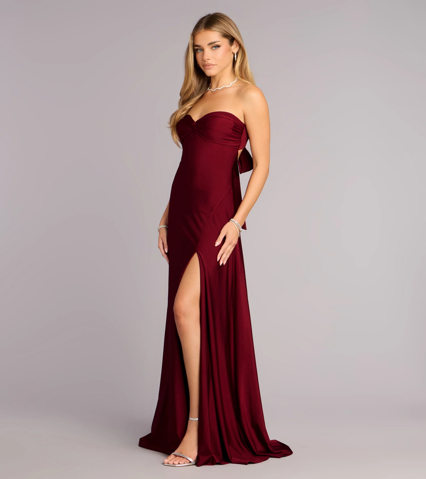 Elegant Mermaid Strapless Neck Sleeveless Bow Back Slit Floor Length Evening Dress