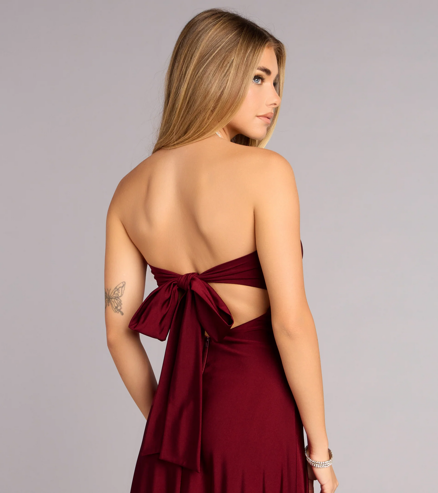 Elegant Mermaid Strapless Neck Sleeveless Bow Back Slit Floor Length Evening Dress