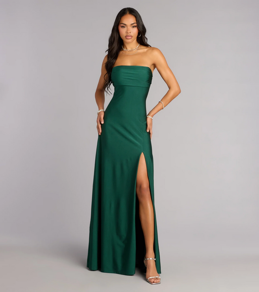 Elegant Mermaid Strapless Neck Sleeveless Open Back Slit Floor Length Evening Dress