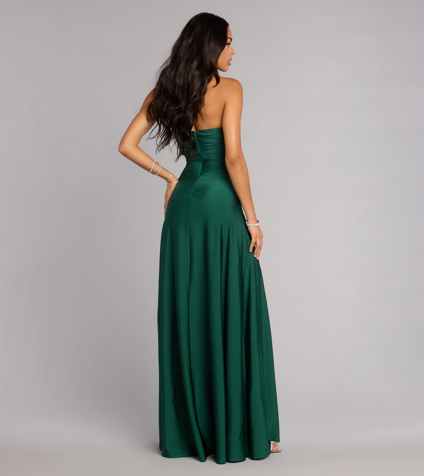 Elegant Stretch Mermaid Strapless Open Back Slit Floor Length Evening Dress