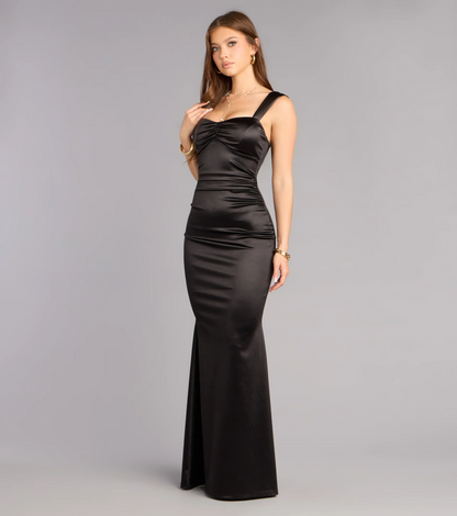 Elegant Satin Mermaid Sweetheart Neck Cap Sleeves Lace-Up Back Floor Length Evening Dress