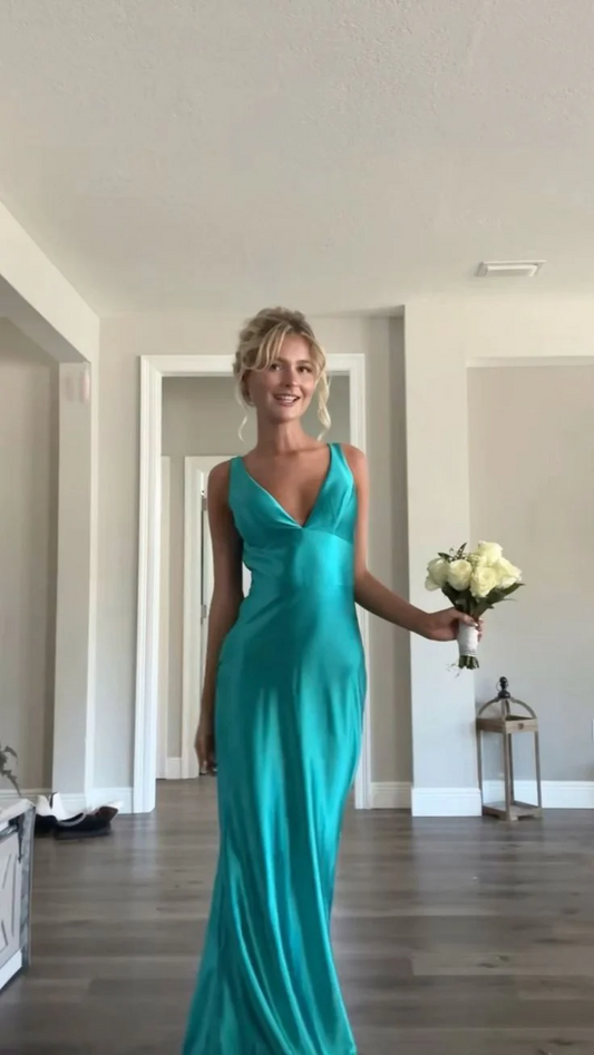 Elegant Mermaid V-Neck Sleeveless Cowl Back Floor Length Satin Evening Dress