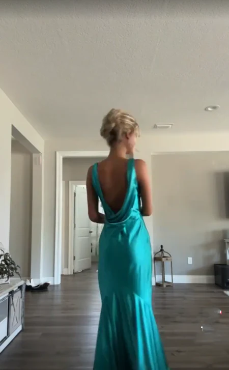Elegant Satin Mermaid V-Neck Cowl Back Formal Floor Length Evening Dress