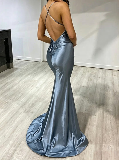 Elegant Satin Mermaid V-Neck Spaghetti Strap Ruched Cross-Back Floor-Length Evening Dress