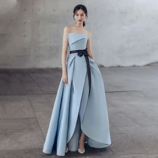 Elegant Mikado A-Line Strapless Fold Neck Contrast Bow Belt High Slit Floor-Length Evening Dress for Formal Events