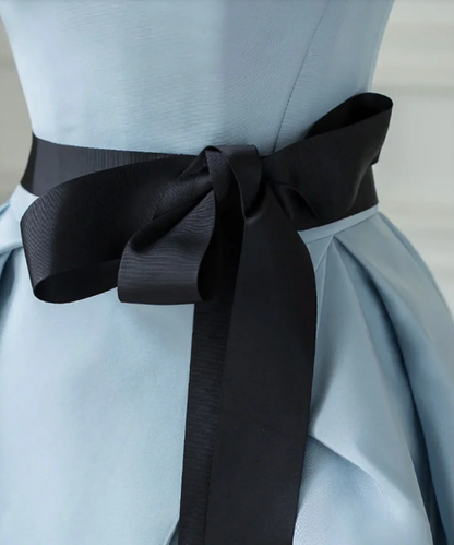Elegant Mikado A-Line Strapless Fold Neck Contrast Bow Belt High Slit Floor-Length Evening Dress for Formal Events
