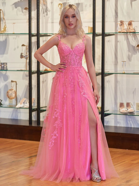 Elegant Multicolor Lace Applique A-Line Silhouette Sweetheart Neck Spaghetti Strap Corset Lace Up Back Maxi Tulle Prom Dress