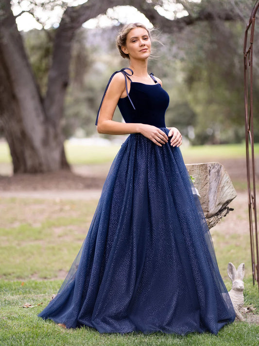 Elegant Multicolor Velvet Bodice A-Line Silhouette Square Neck Bow Strap Fitted Bodice Lace Up Back Sparkle Tulle Maxi Prom Dress
