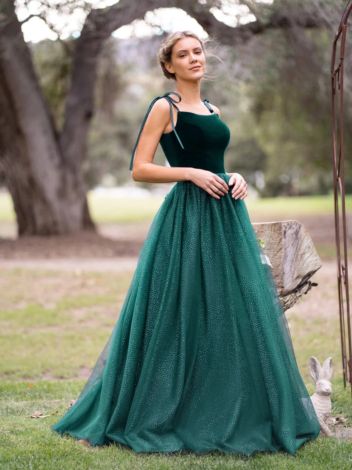 Elegant Multicolor Velvet Bodice A-Line Silhouette Square Neck Bow Strap Fitted Bodice Lace Up Back Sparkle Tulle Maxi Prom Dress
