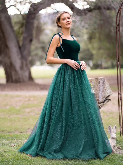 Elegant Multicolor Velvet Bodice A-Line Silhouette Square Neck Bow Strap Fitted Bodice Lace Up Back Sparkle Tulle Maxi Prom Dress