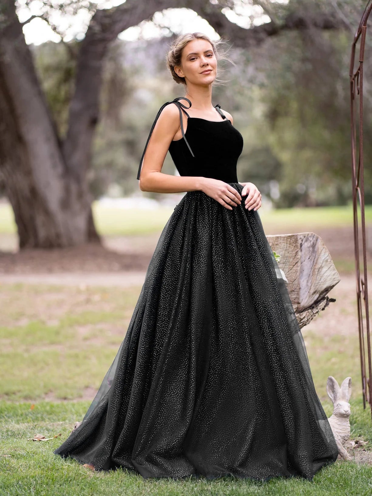 Elegant Multicolor Velvet Bodice A-Line Silhouette Square Neck Bow Strap Fitted Bodice Lace Up Back Sparkle Tulle Maxi Prom Dress