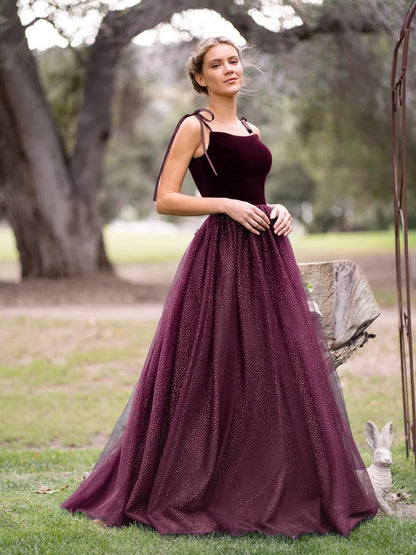 Elegant Multicolor Velvet Bodice A-Line Silhouette Square Neck Bow Strap Fitted Bodice Lace Up Back Sparkle Tulle Maxi Prom Dress