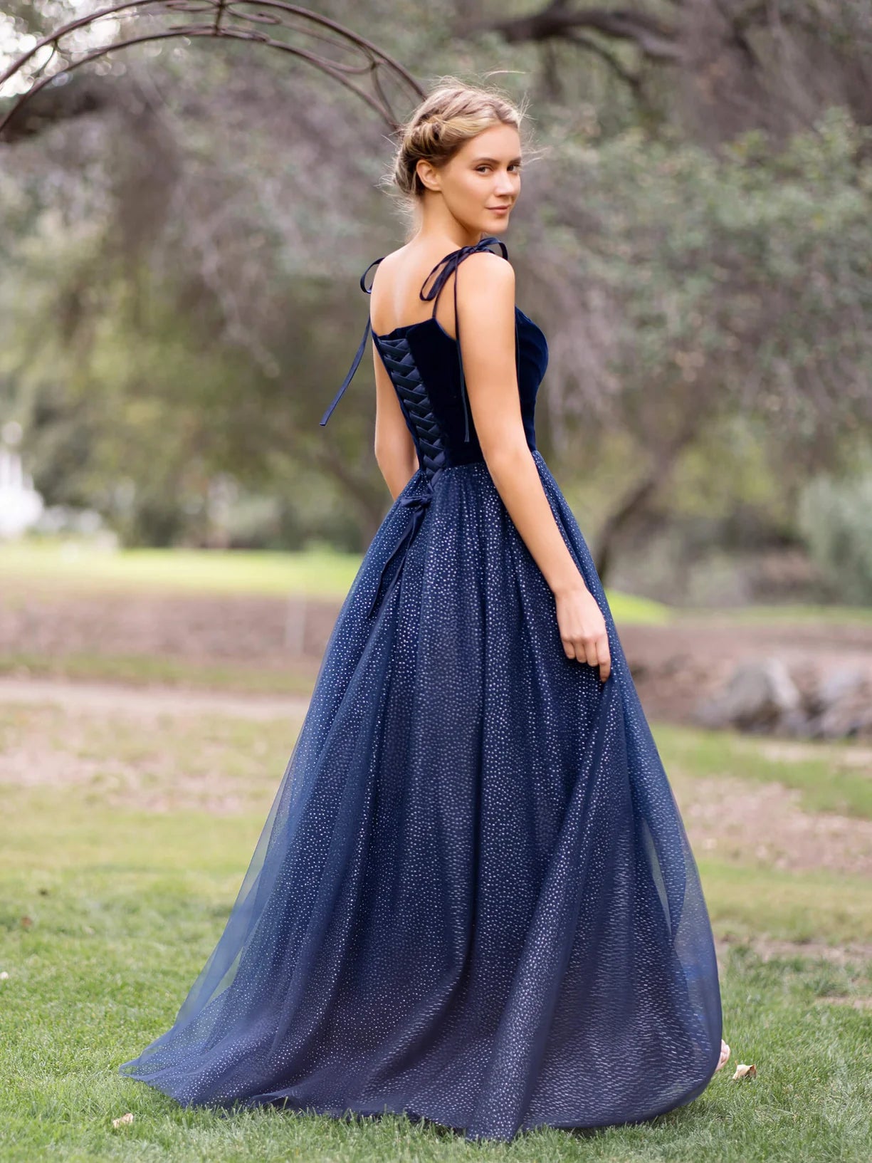 Elegant Multicolor Velvet Bodice A-Line Silhouette Square Neck Bow Strap Fitted Bodice Lace Up Back Sparkle Tulle Maxi Prom Dress