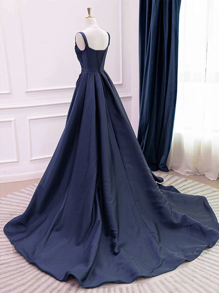 Elegant Navy Blue A-Line Sweetheart Wide Strap Lace-Up Back Prom Dresses