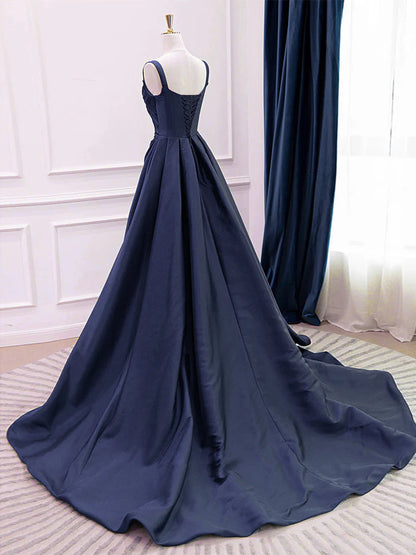 Elegant Navy Blue A-Line Sweetheart Wide Strap Lace-Up Back Prom Dresses