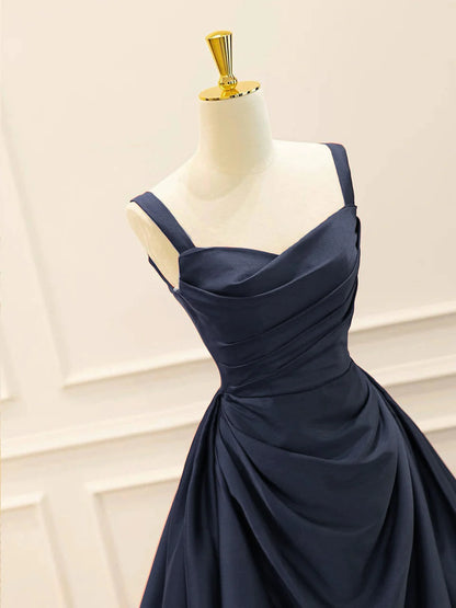 Elegant Navy Blue A-Line Sweetheart Wide Strap Lace-Up Back Prom Dresses