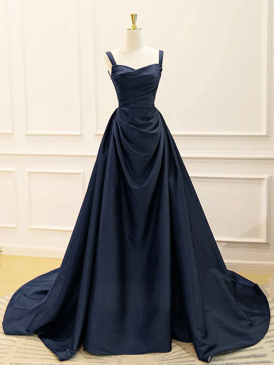 Elegant Navy Blue A-Line Sweetheart Wide Strap Lace-Up Back Prom Dresses
