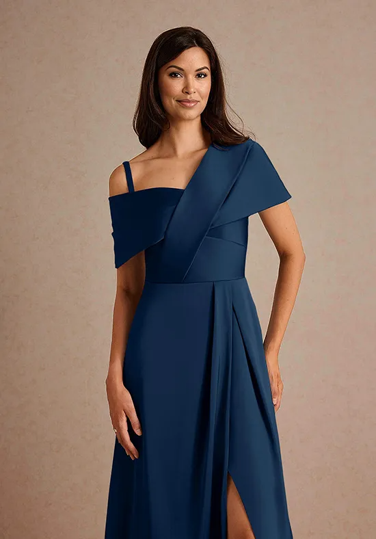 Elegant Navy Blue Crepe A-Line Asymmetrical Neck Floor-Length Slit Mother of the Bride Dress