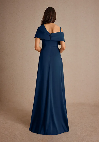 Elegant Navy Blue Crepe A-Line Asymmetrical Neck Floor-Length Slit Mother of the Bride Dress